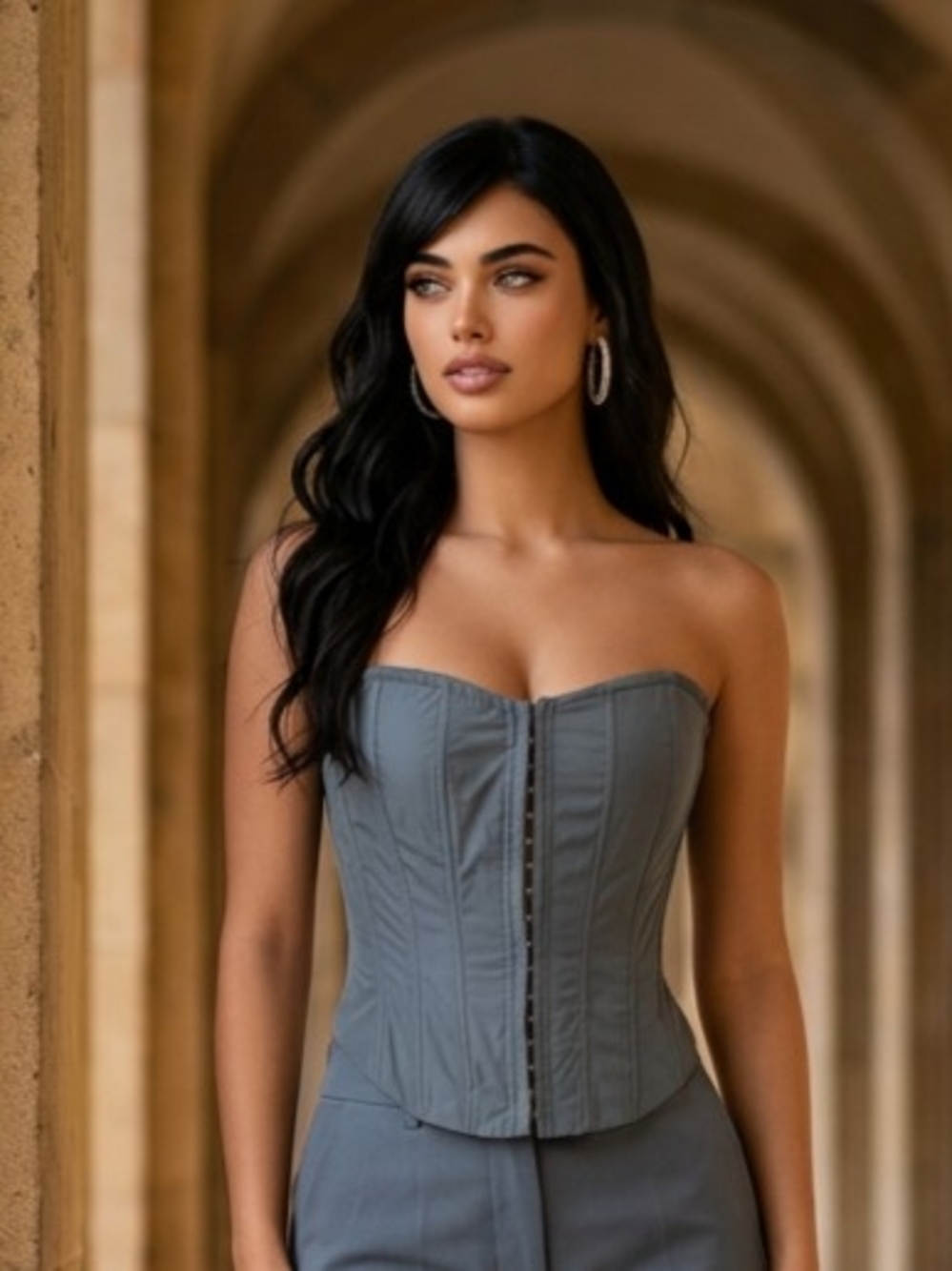 Fashion Nova Karol Corset L Slate Blue Cropped Curved Pointed Hem NWT